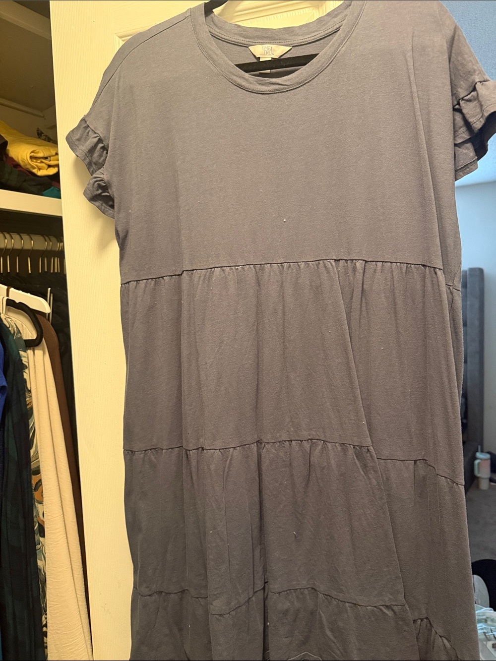 Tiered Short-Sleeve Women's Dress in Dusty Blue